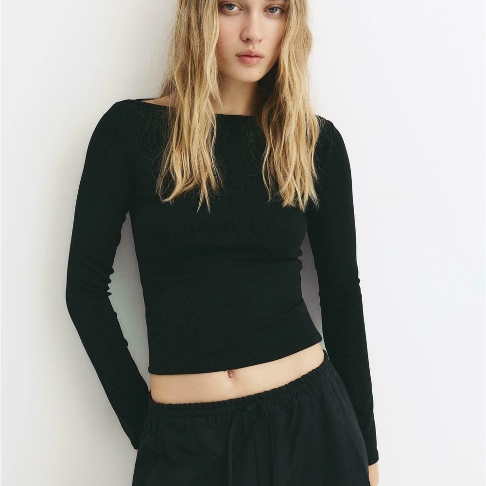 Pull & Bear Black Basic Ribbed Lettuce Hem Long S… - image 2